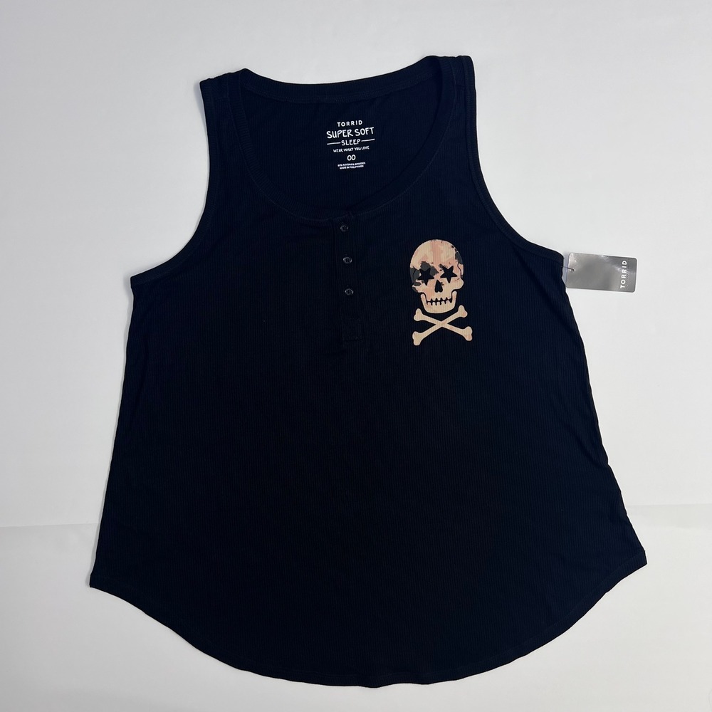 Torrid Sleep Tank‎ Top 00 M/L Black Ribbed Henley Skull Graphic Super Soft NWT